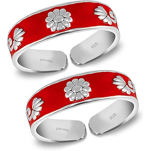 Mj Red Enamel Toe Rings in Sterling Silver