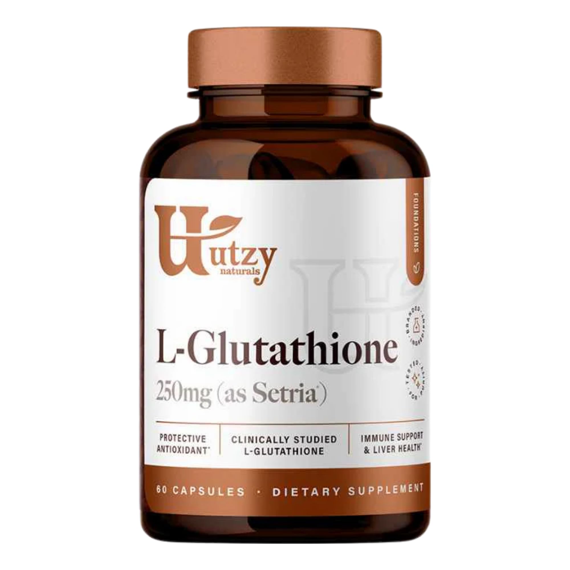 Utzy Naturals L-Glutathione | Setria® 250mg Reduced Form Glutathione | High Absorption | for Immune Health, Antioxidant Support | 60 Capsules | Made in USA