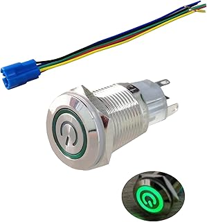 Coolais 16mm Push Button Switches Momentary Push Button Green LED Light Waterproof Switch IP67 with Socket Plug Wire 5A 12V