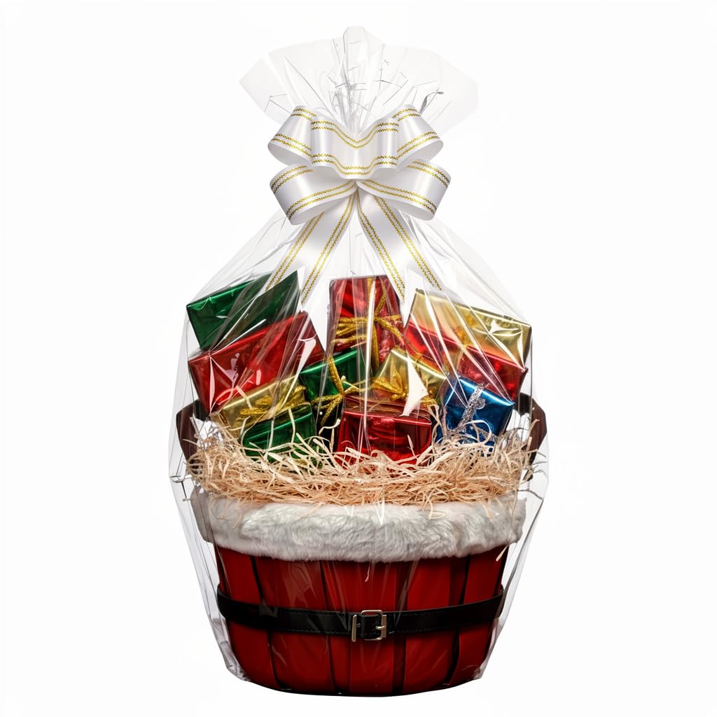 H-Line Oval Small Christmas Hamper Basket Round Wicker Gift Hampers Santa Style Split Willow Basket With Faux Fur Edging Make Your Own Hamper Kit With Cellophane Wood Shred Bow Set For Christmas (Oval, Small)