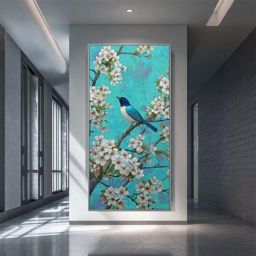 White Flowers Diamond Art Kits Adults, DIY 5D Large Diamond Painting Bird Floral Crystal Art Kits 27.6 x 55 Inch, Embroidery Cross Stitch Canvas Painting by Numbers for Home Wall Decor Gifts (RD947)