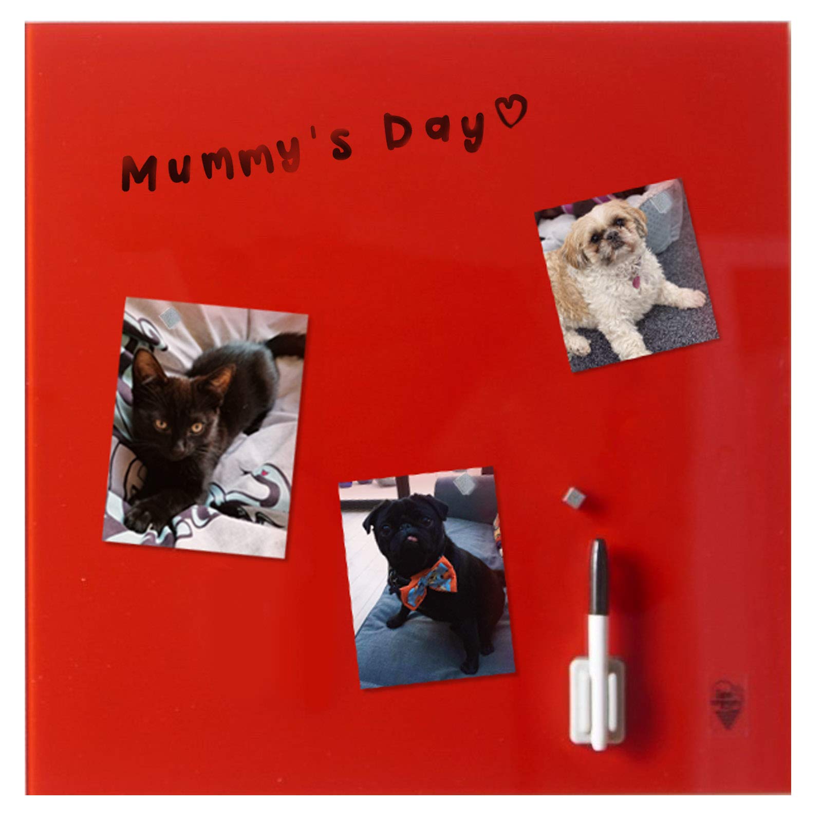CARME Tableau mémo mural en verre rouge avec aimants stylo gomme pour photos, invitations, rappels, notes de cuisine