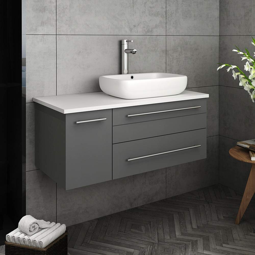 Fresca Lucera 36" Gray Modern Wall Hung Bathroom Vanity with Quartz Countertop & White Ceramic Vessel Sink - Includes Solid Wood Base and Soft Closing Drawer - with Left Sink - Faucet Not Included