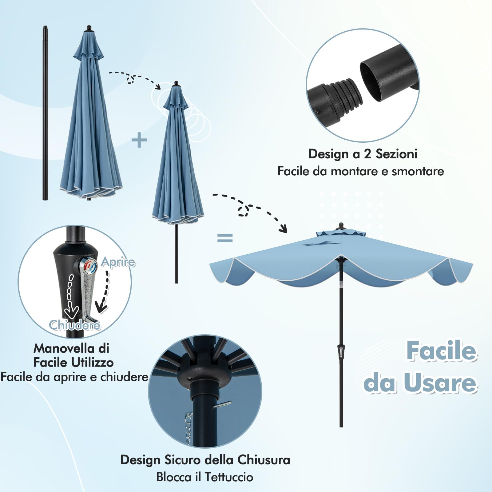 RELAX4LIFE Ombrellone da Giardino 270cm, Parasole da Esterno con 8 Stecche, Inclinazione Regolabile, per Giardino, Spiaggia e Balcone (Blu-Stile2)