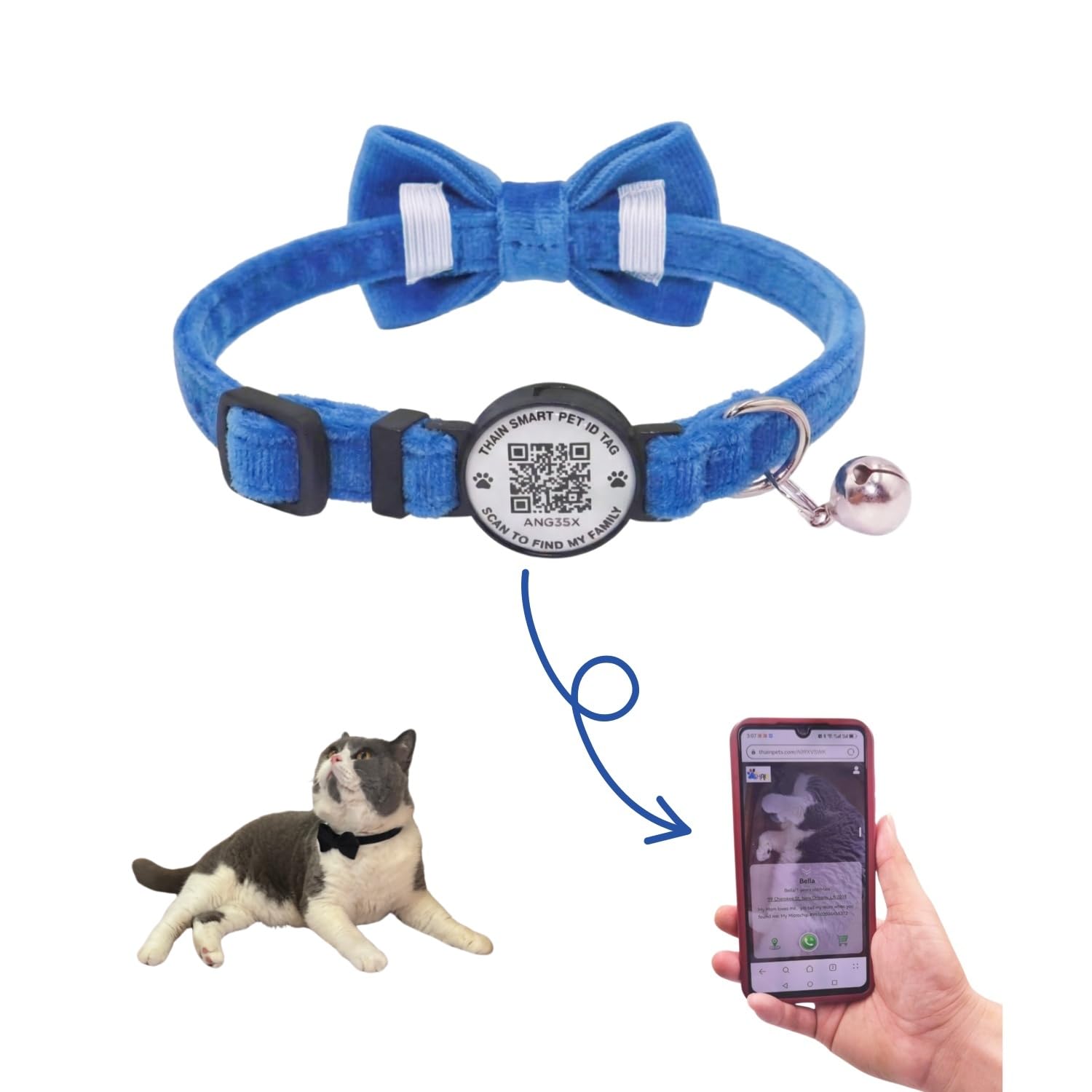 THAIN Personalised Cat Collar with bell and Bowtie Breakaway QR Code Name Smart ID tag quick release soft comfortable collar for cats and kittens (Royal Blue)
