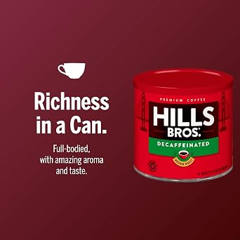 Hills Bros. Decaffeinated Ground Coffee Premium Arabica Coffee Beans Medium Roast, Rich Flavor Cup After Cup Recyclable Steel Can for Freshness Certified Kosher 23 OZ Can