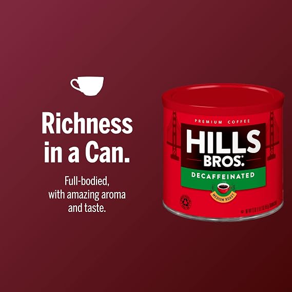 Hills Bros. Decaffeinated Ground Coffee Premium Arabica Coffee Beans Medium Roast, Rich Flavor Cup After Cup Recyclable Steel Can for Freshness Certified Kosher 23 OZ Can