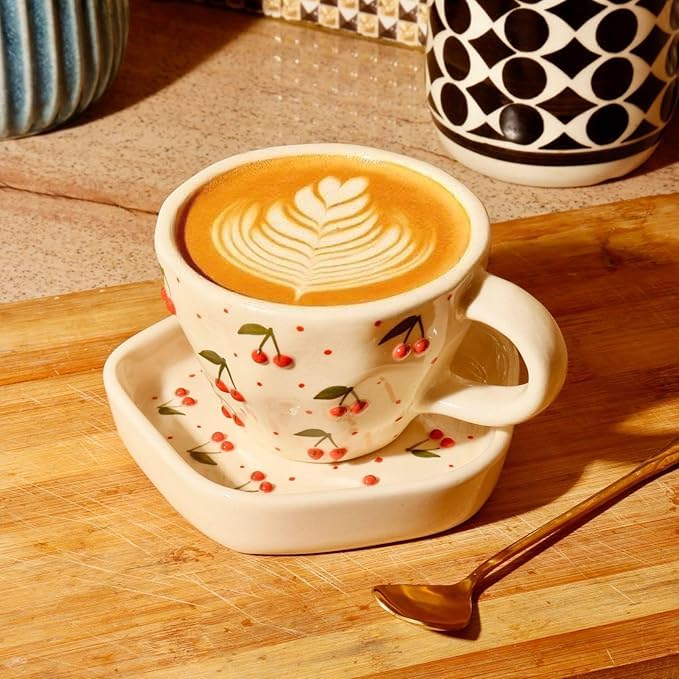 Image of THE MOON STORE Ceramic Coffee Cup and Saucer Set, Cherry Pattern Design, White, 250ml for Gift Aniversary and Birthday