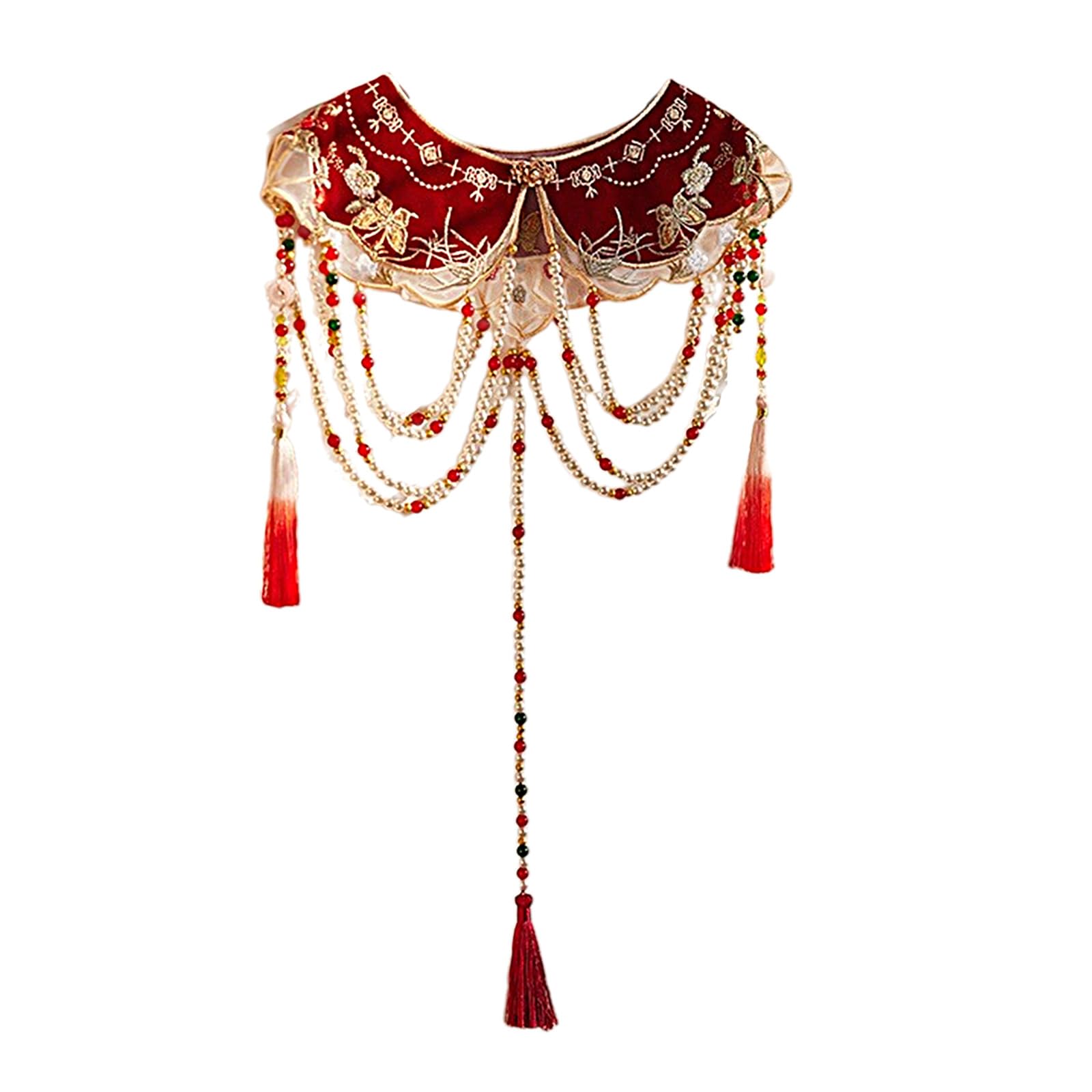 Women Girl Chinese Ancient Vintage Embroidery Butterfly False Collar Pearls Chain Tassels Yunjian Shawl Scarf Capelet