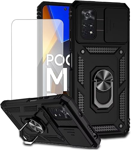 Funda para Xiaomi Poco M4 Pro 4G, MZB0B5VIN con protector de pantalla de vidrio templado y cubierta de cámara deslizante, anillo magnético Soporte