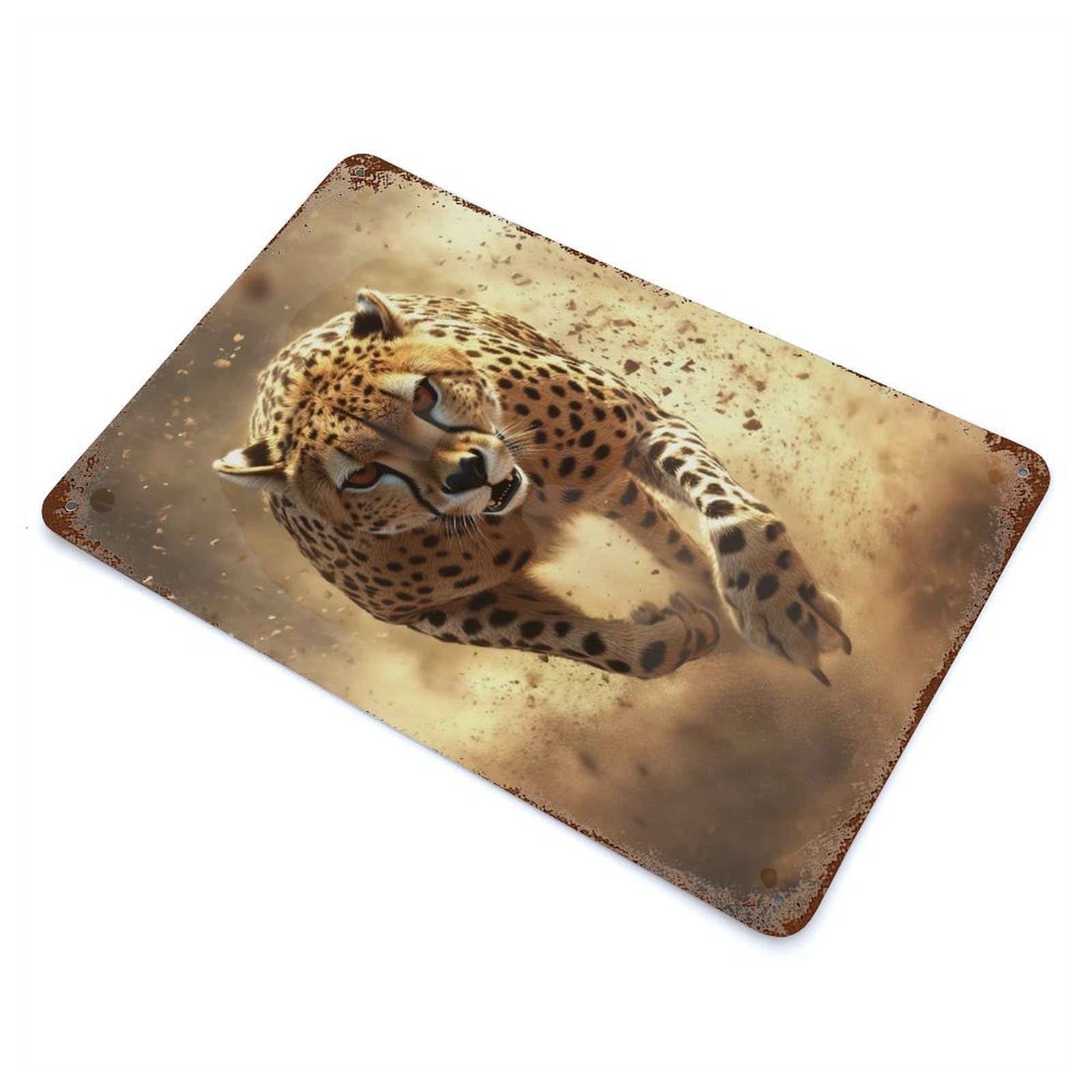 Cheetah Running Vintage Wall Sign 11.8"x7.9", Rust Effect Metal Decor for Basement, Hobby Room And Garage Decor