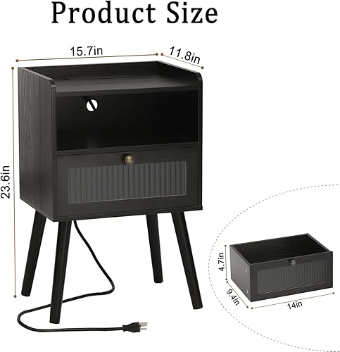 Miniatura 7 de AWASEN Mesita de noche negra con estación de carga, moderna mesita de noche con cajón decorativo de cristal, mesa auxiliar pequeña con espacio de