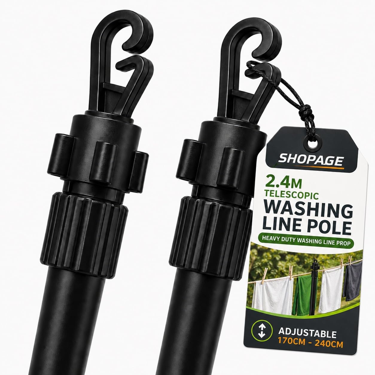 Washing Line Pole 2.4M, Adjustable Washing Line Prop 170-240cm, Heavy Duty Telescopic Clothes Line Pole for Outdoor Laundry Support, Dual Hook Top, Twist-Lock Clamp, Weather Resistant Black
