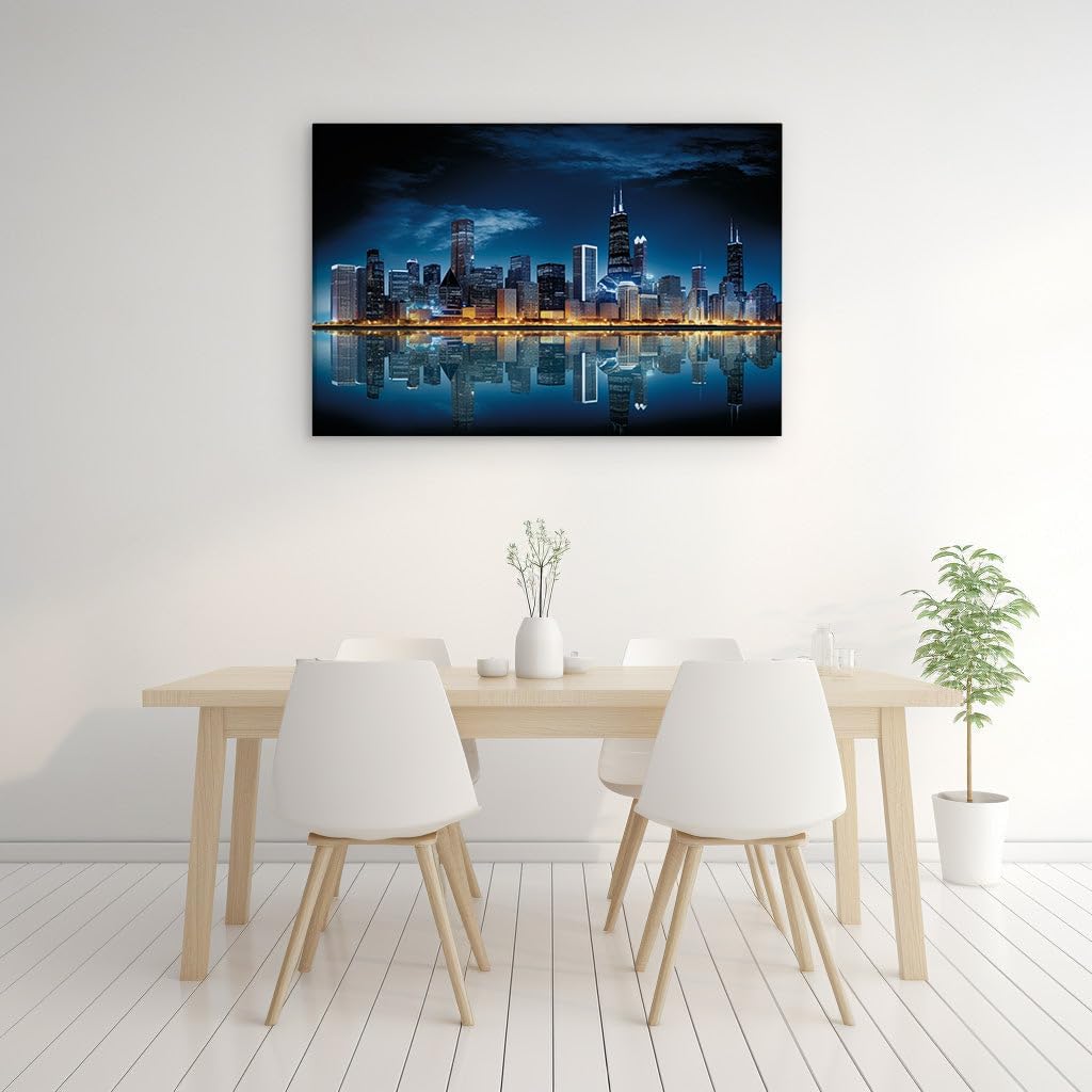 Canvas for Living room. Illuminating Elegance: Chicago's Skyline Dances in Nighttime Reflection, 27 x 18 inch Canvas Wall Art - Skylines And Cityscapes - Modern Home Decor