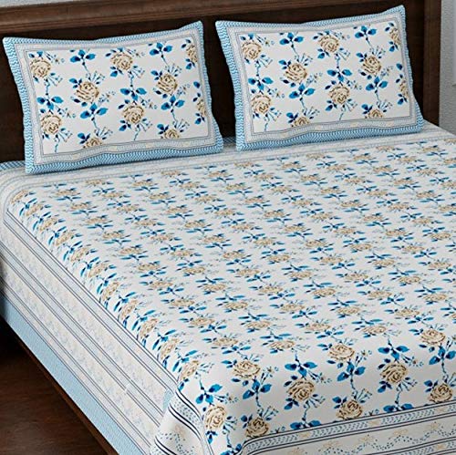 Image of Living Roots Cotton Printed King Double Bedsheet - 95 x 100 inches | 2 Pillow Covers (Blue Roses)