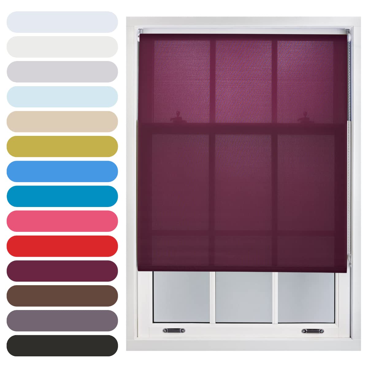 FURNISHED Daylight Roller Blind Trimmable Blinds Window Shade - Easy Install Non-blackout Fabric Complete Roller Blind Kit for Kitchen Living Room Bedroom, Aubergine, 65W x 165H cm
