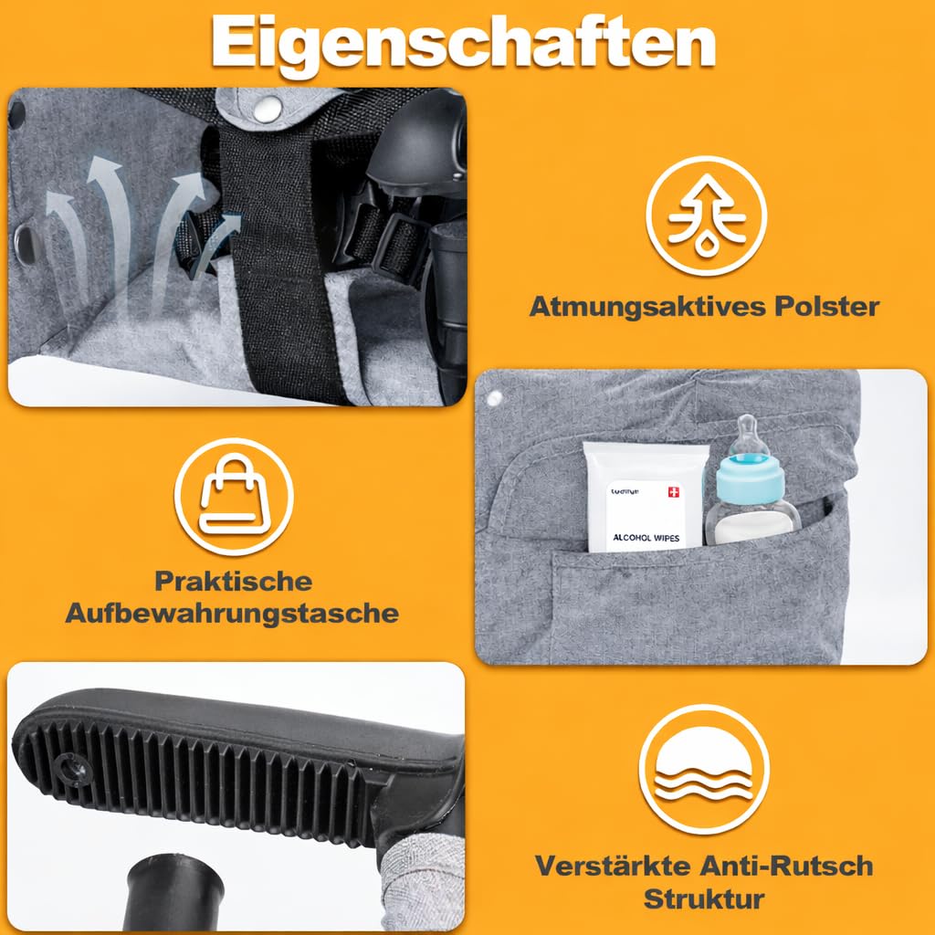 Klappbarer Babytischsitz mit Verstärkter Klemme (Grau) – Tragbar, inkl. Aufbewahrungstasche & Waschbar – bis 18 kg – aus Leinen