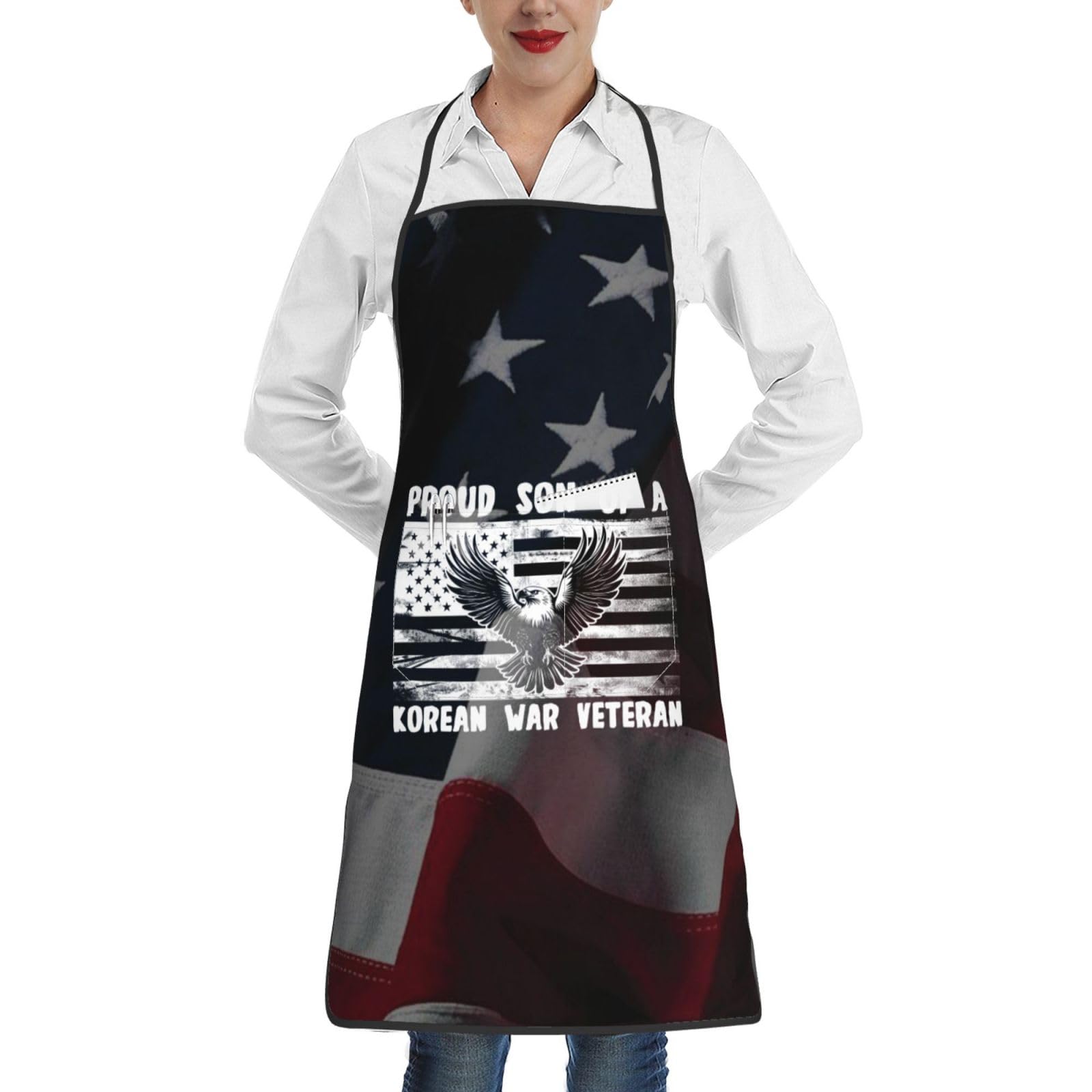 nopicsn Proud Son of a Korean War Veteran Apron for cooking with Pockets Women Men Kitchen Chef Funny Aprons