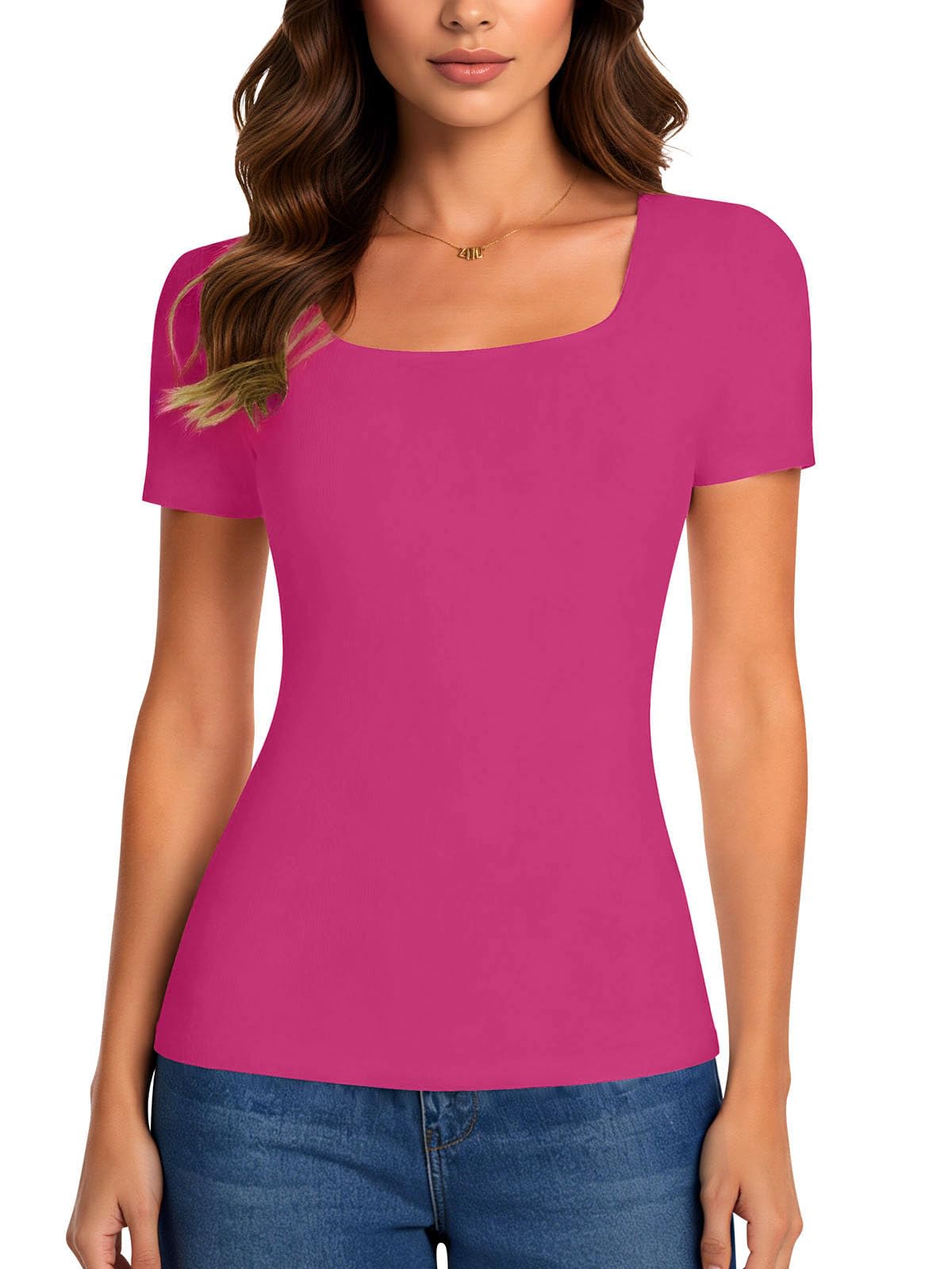 Joyshaper Tshirt Damen Sommer Kurzarm Tops Eckiger Ausschnitt Basic Elegant Tee Shirts Slim Fit Oberteile