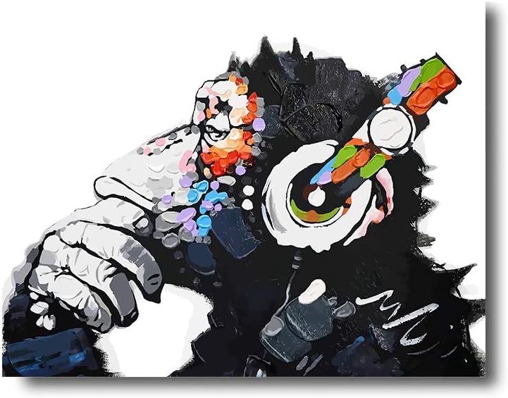 iFine Art ' DJ Monkey Thinker with Headphones Chimp ' Wall Art Framed Oil Paintings Printed on Canvas for Home Decorations Home Decor Modern Artwork Hanging for Living Room Bedroom, Ready to Hang