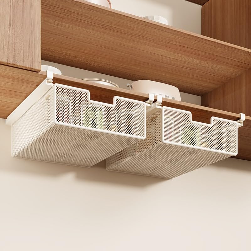 LOSTTYPE 2 Pack Pull Out Storage Under Shelf Hanging Drawer Metal Hanging Storage Basket Organizer Drawer Rack Sturdy Space-Saving Baskets for Kitchen Office Wardrobes Cupboard rack White