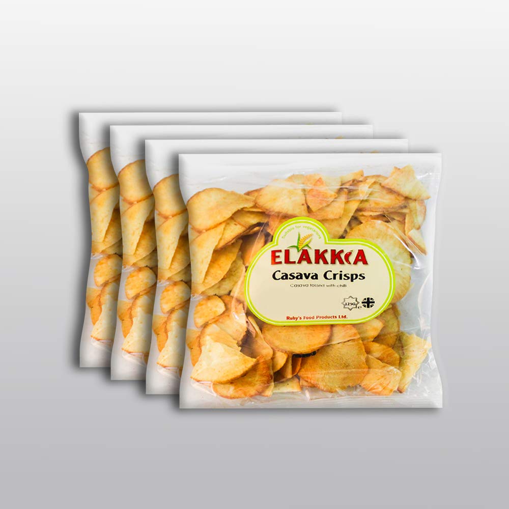 Elakkia Sri Lankan Cassava Crisps 125 g, Pack of 4, Healthy Snacks, Vegan Friendly, Gluten Free, No Artificial Flavours or Preservatives Added