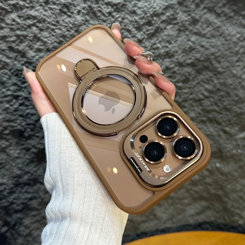 LuxuryKase Magnetic Clear Case for iPhone 16 Pro Max | Metal Ring Stand | Camera Lens Protector Rings | Shockproof Hard PC Back | Mag-Safe Compatible | TPU Bumper – Desert Gold