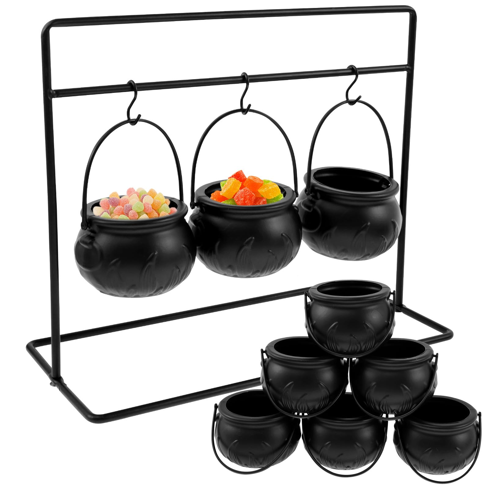 9PCS Witches Cauldron Serving Bowls Cauldron on a Rack Creative Halloween Bowls Black Candy Bucket Shelf with Hooks Plastic Witches Cauldron Bowl Halloween Serving Cauldron Candy Bucket Decorations
