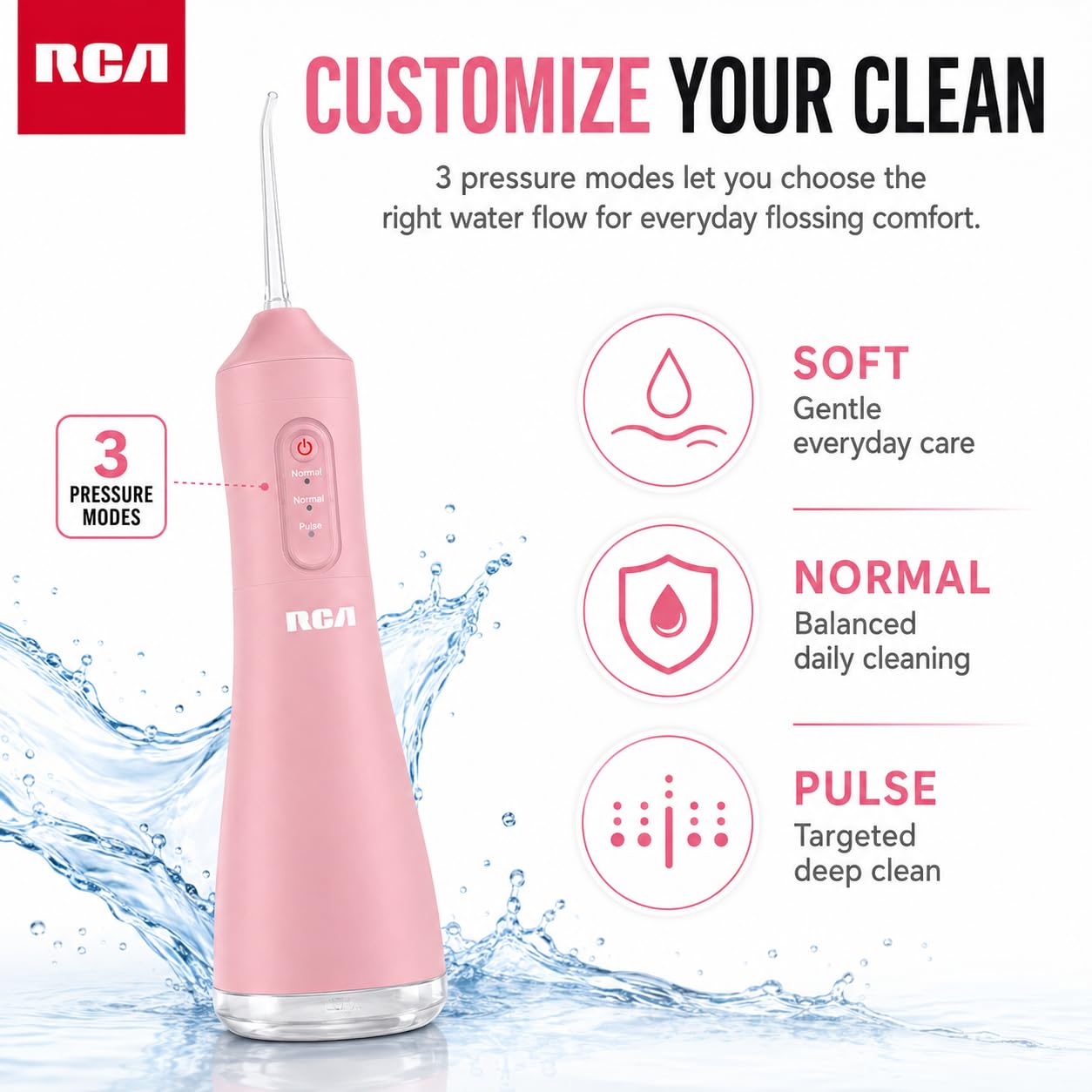 RCA Idropulsore portatile ricaricabile senza fili, filo interdentale elettrico per denti con ugello rotante a 360°, 3 modalità di pressione, serbatoio dell'acqua da 330 ml, filo interdentale