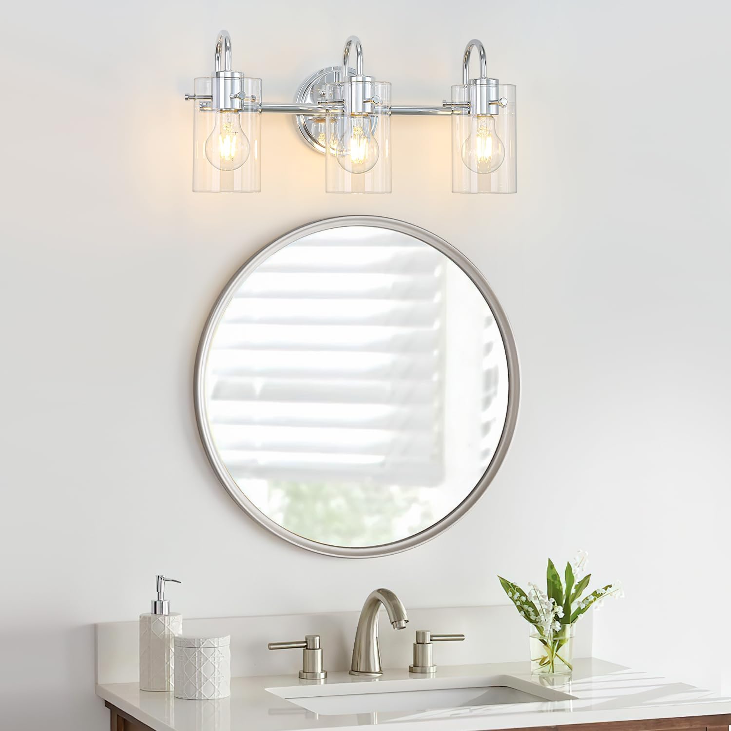 3 Lights Vanity Light, Polished Chrome Bathroom Wall Light Fixture Over Mirror, Modern Wall Sconce with Clear Glass Shade, Farmhouse Mount Lamp for Washroom, Living Room, Workshop