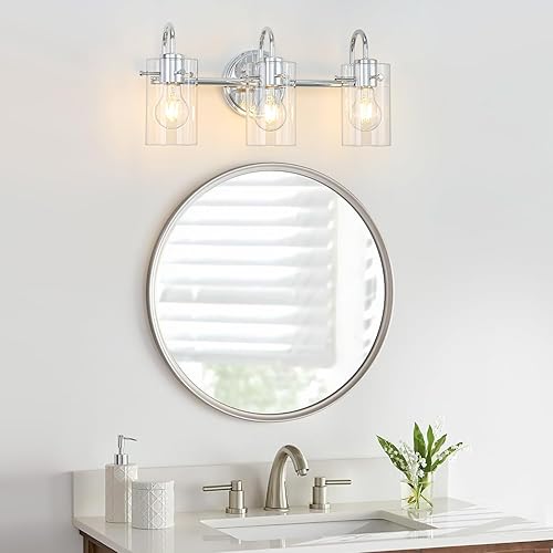 Miniatura 2 de Lámpara de tocador de 3 luces, lámpara de pared de baño de cromo pulido sobre el espejo, aplique de pared moderno con pantalla de vidrio