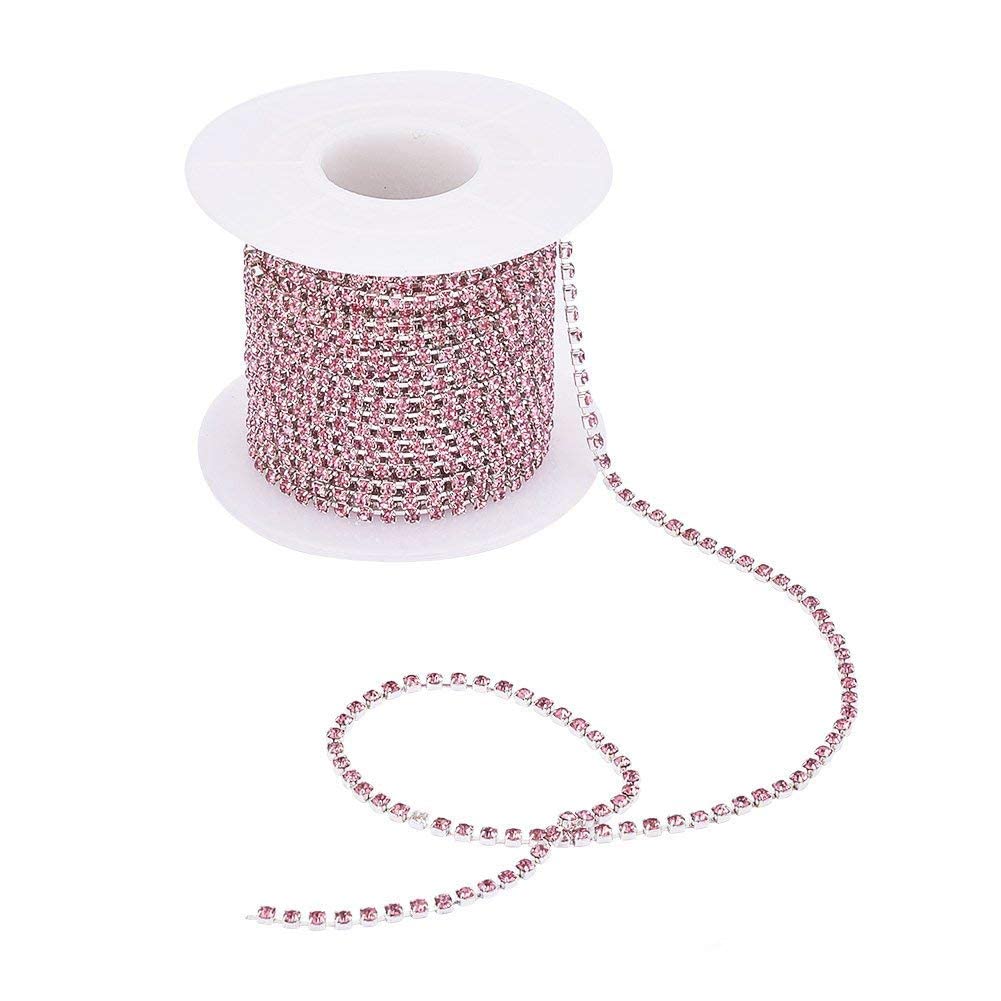 RayLineDo® 3A Class 2mm Light Pink Rhinestone Diamante Silver Plated Chain 10 Yard Lenght for Wedding Supplies DIY Sewing Craft Jewellery Making Party Decorations