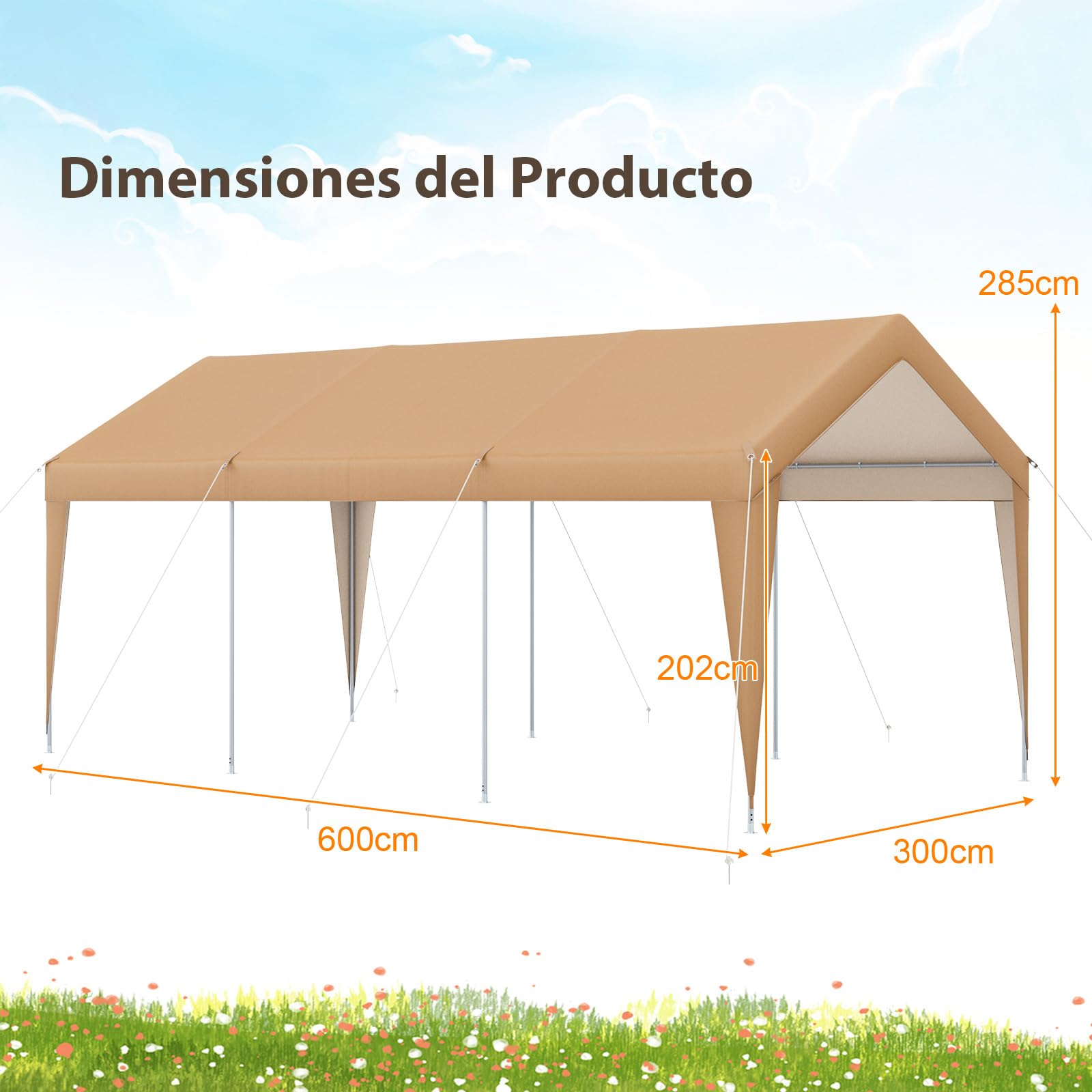 COSTWAY Carpa de Garaje Portátil de 3 x 6m, con Estructura de Metal Galvanizado, Lona Exterior para Coche, Barco o Fiesta (sin Laterales Removibles)