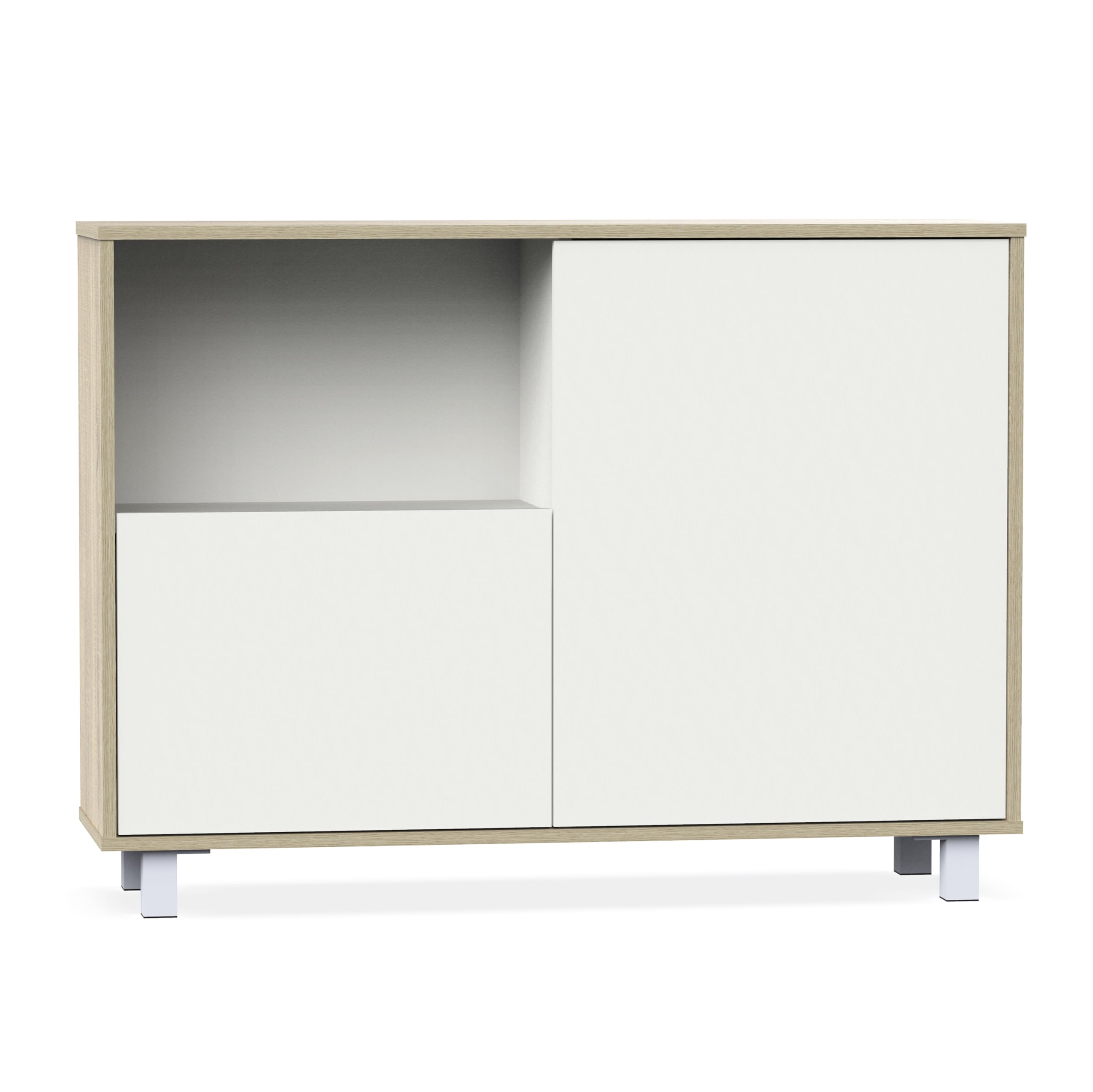 MUEBLES PITARCH | Aparador Salón Comedor, Buffet, Mueble Auxiliar, 2 Puertas y 1 Hueco, con Patas, Blanco y Roble Cambrian, 82,5x112x33cm, Recibidor Moderno, Colección Tibet