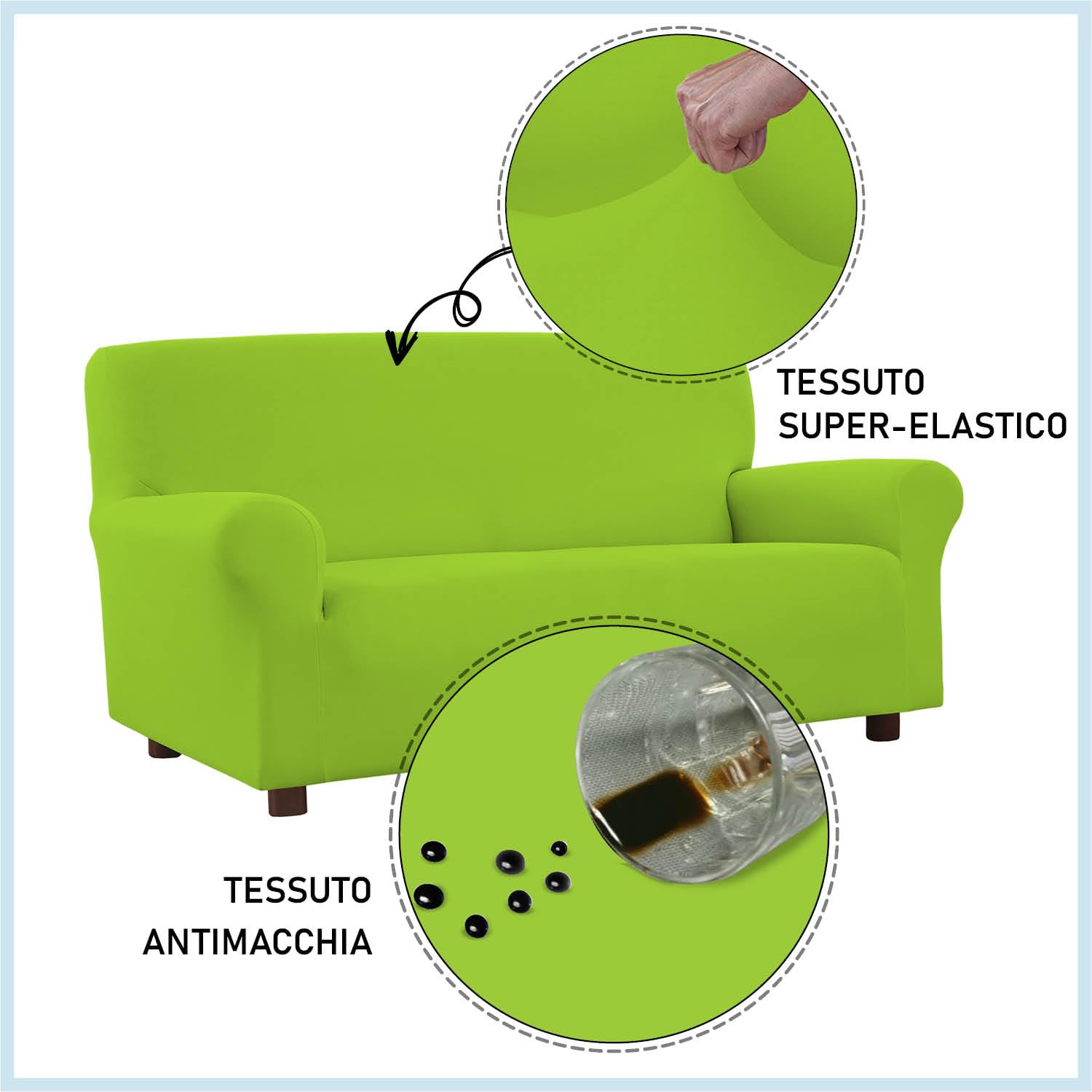 Banzaii Elastischer Sofabezug/Sofaüberwürfe Stretch, schumutzabweisend, mit geformten Armlehnen - Made in Italy - 3 Sitzer Hellgrün