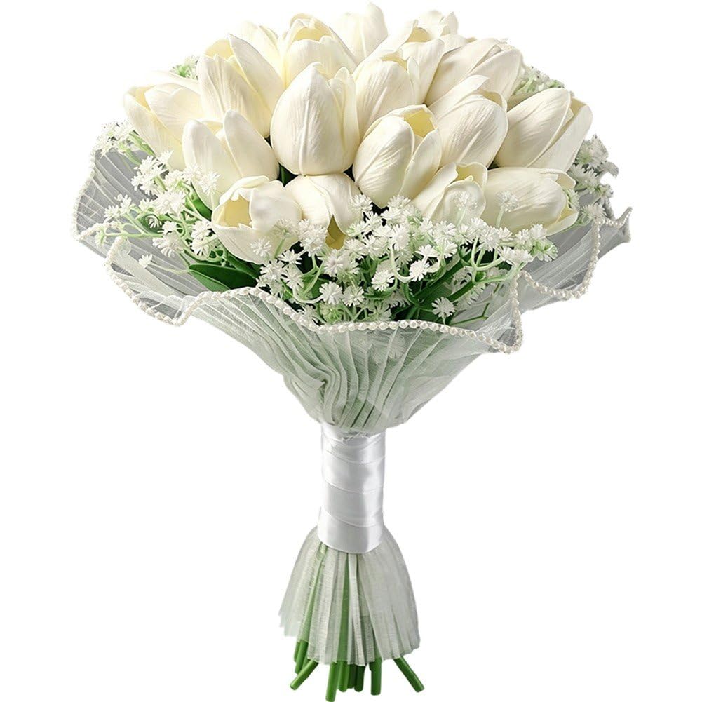 Sslvya Wedding Bouquets for Bride, Artificial Tulips Flower Wedding Bouquet, Bridesmaid Holding Flowers for Wedding Decoration