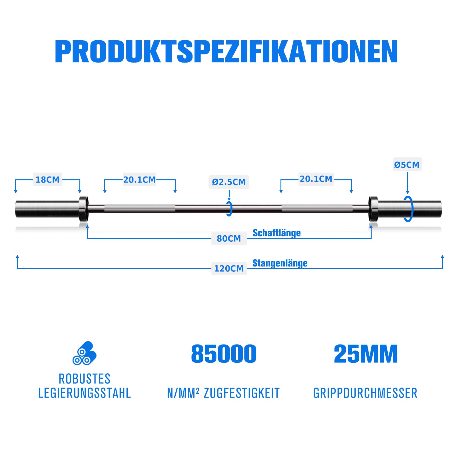 RitFit Olympia Langhantelstange 50mm, Hantelstange 120/150cm/200cm | für Kreuzheben, Kniebeugen, Bankdrücken, Fitness & Kraftsport