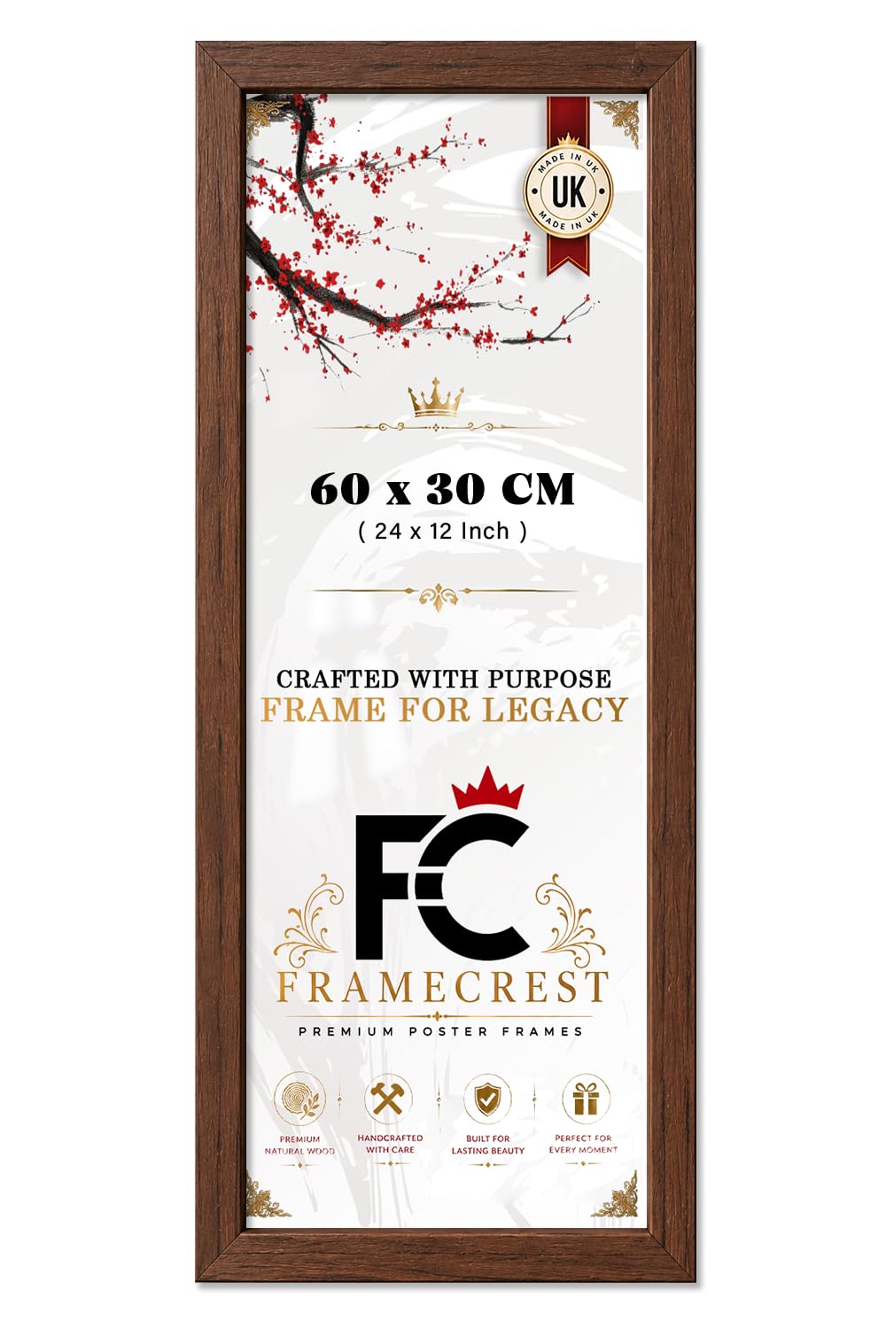 FRAMECREST LTD 30 X 60 CM Poster Frame — 30 X 60 CM Frame (24 X 12 Inch) Modern Poster For Wall Or Tabletop, Minimalist Home Gallery Wall Picture Display, Portrait Or Landscape - [Walnut]
