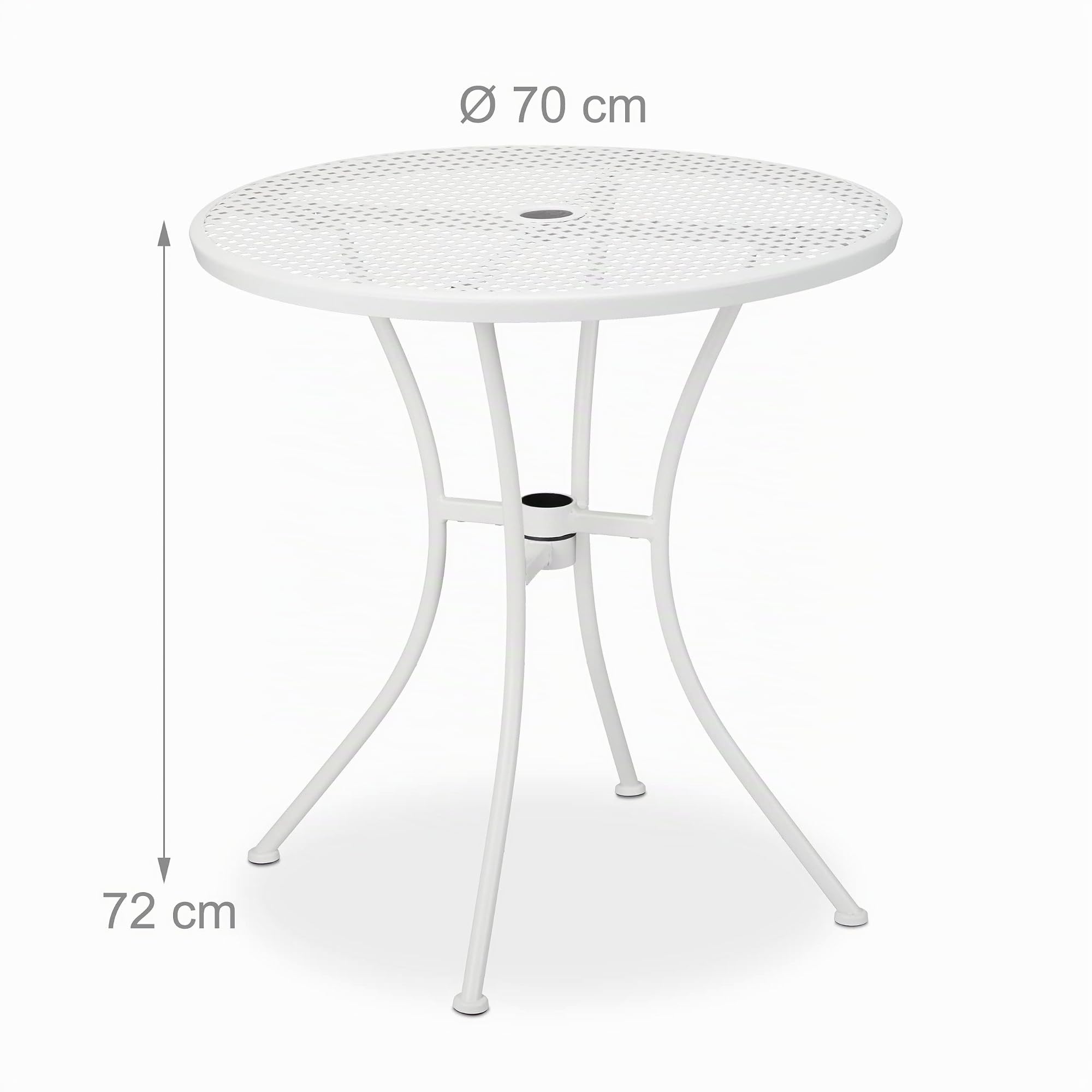 Relaxdays Table de Jardin, avec Trou pour Parasol avec Bouchon, Aspect grillagé, Acier Robuste, HxD : 72x70 cm, Blanc