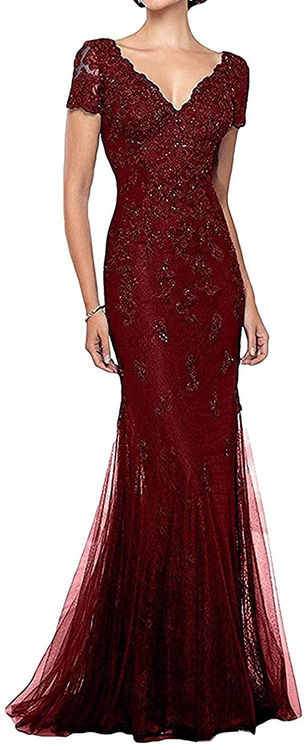 GMAR Short Sleeves Mother of Bride Dresses Mermaid Lace Evening Party Gowns