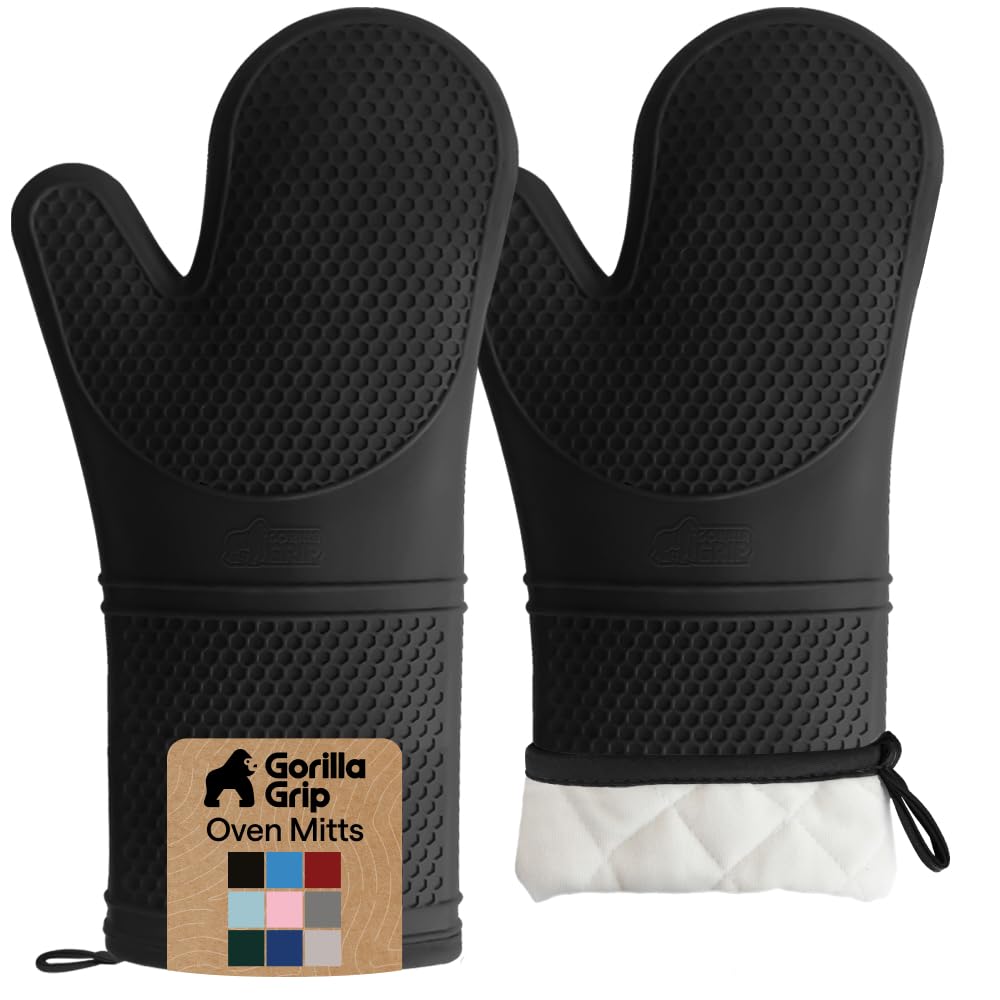 GORILLA GRIP BPA-Free Soft Silicone Oven Mitts, 14.5x8.3, Heat Resistant and Waterproof Cooking Gloves, Thick Cotton Lining, Flexible Gripping for Baking Grilling, Kitchen Potholders Set of 2, Black