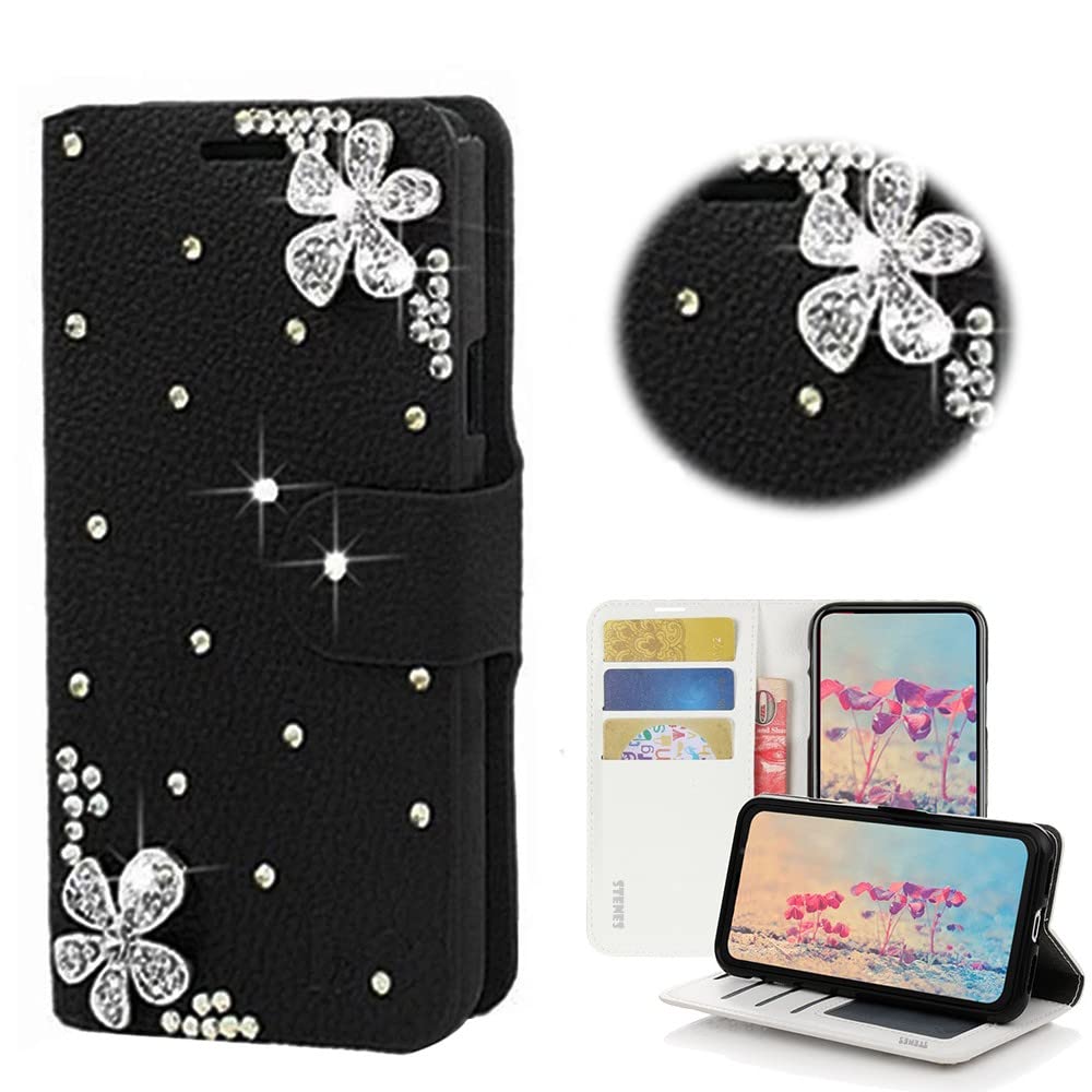 STENES Bling Wallet Phone Case Compatible with iPhone 14 6.1 inch 2022 Case - Stylish - 3D Handmade Flowers Design Magnetic Wallet Stand Leather Cover Case - Black