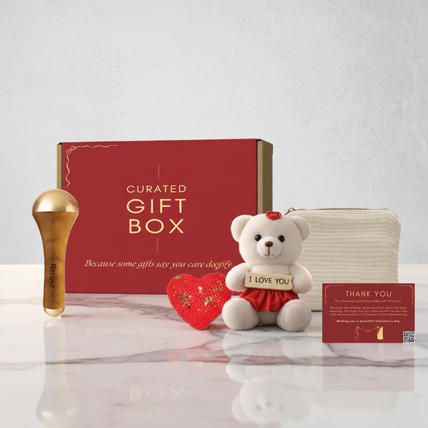 Recovr Valentine’s Self-Care Gift Box | Dual Kansa Wand, Candy , Teddy & Pouch| Valentine’s Gift for Her & Him | Comfort for You Valentine Box-image-18
