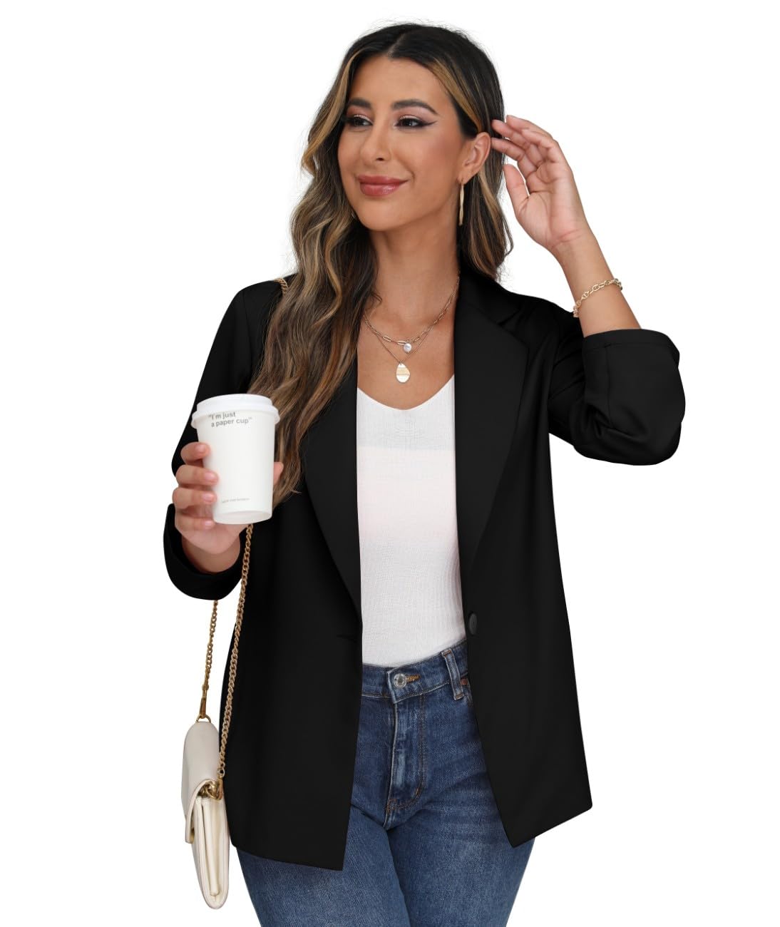PrinStory Blazer Damen Büro Longblazer Verstellbare Ärmel Revers Blazer Sportlich Elegant Jack