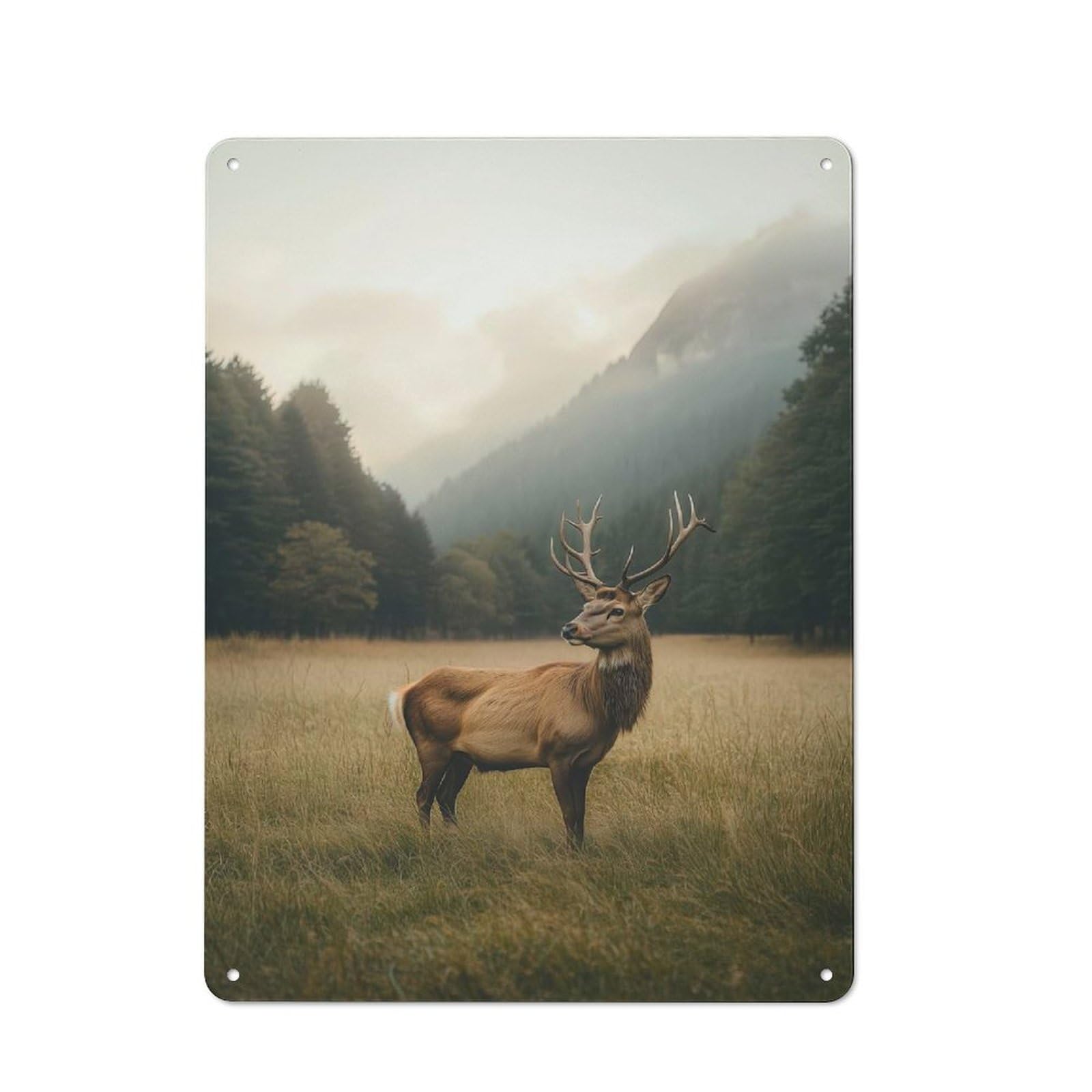 Junmoney Style-7 Vintage Tin Sign 40X30cm With Majestic Deer In Foggy Forest For Dining Room Or Kitchen, For Autumn Interiors With Vintage Character