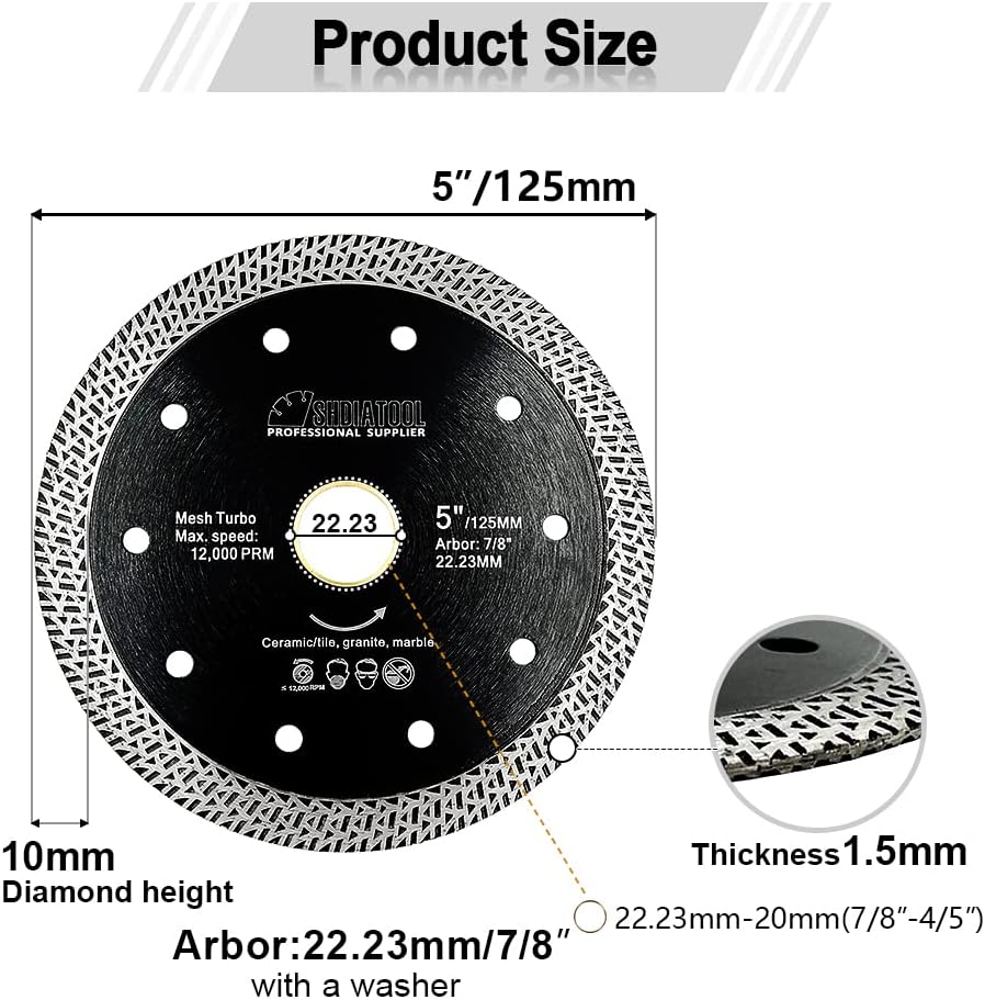 SHDIATOOL Diamond Tile Saw Blade Set of 2 Dia 4.5" and 5" with Mesh Turbo Rim Segment Cutting Porcelain Ceramic Granite Marble