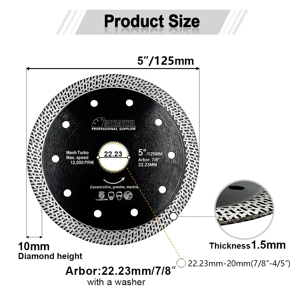 SHDIATOOL Tarcza do cięcia diamentowego 5 szt. 5 cali / 125 mm brzeszczot piły z siatką Turbo do płytek porcelanowych ceramicznych granitowych marmurów