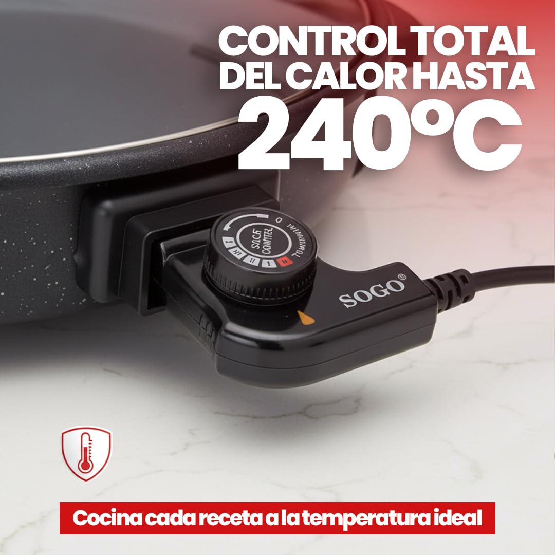 SOGO Paellera Eléctrica 1500W 9cm Antiadherente Termostato 240°C Sartén Eléctrica Tapa de Cristal