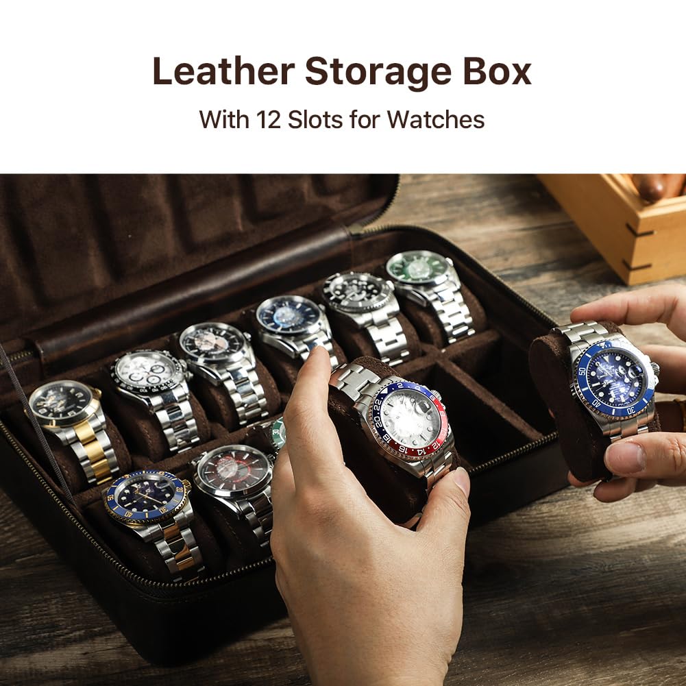 Contacts Crazy Horse - Scatola portaoggetti per orologi, in pelle, grande capacità, da viaggio, con cerniera, organizer per collezionisti (caffè scuro, 12 scomparti)