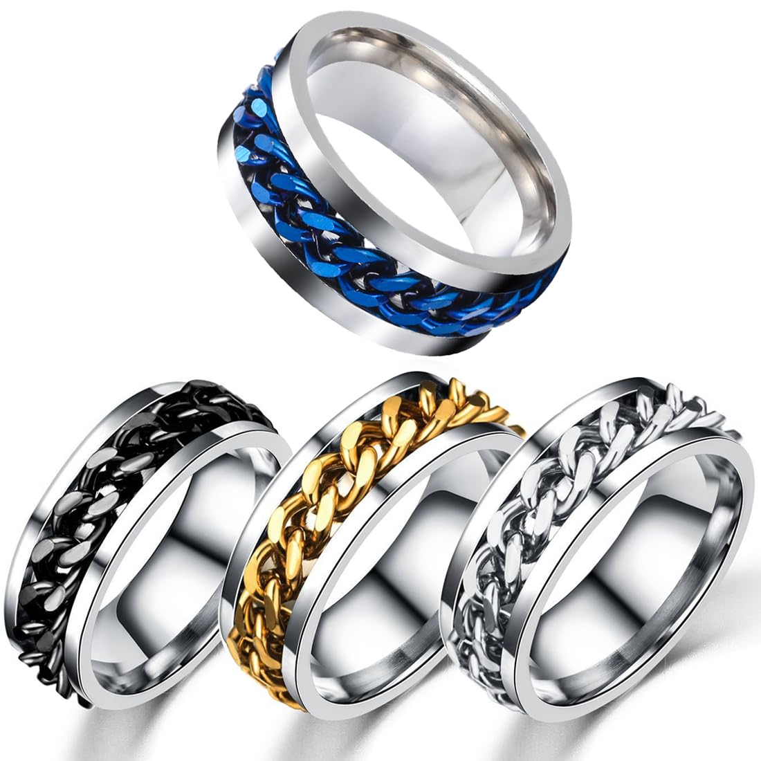CUZYPPaquete De 4 Anillo Hombre Acero Inoxidable，Anillo De Cadena，Anillo Acero Inoxidable Hombre，Anillo De Sacacorchos De Cerveza，Anillos De Acero Inoxidable Para Hombre